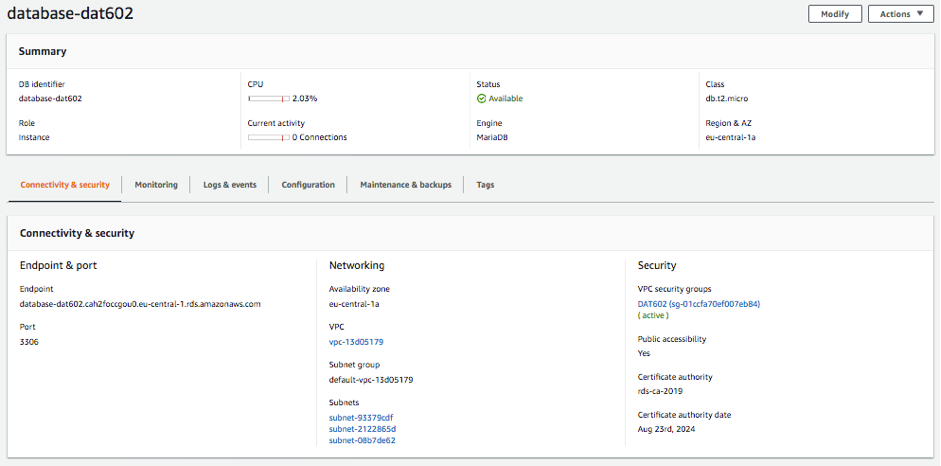 AWS MariaDb Screen