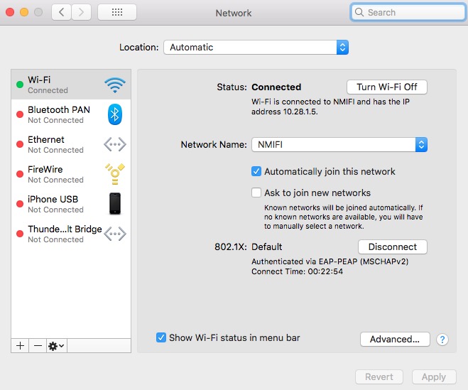 Screenshot of WiFi settings