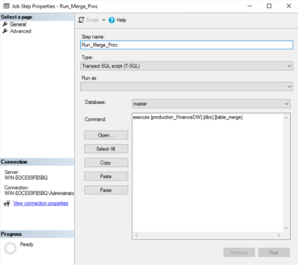 Create T-SQL script to execute the procedure against the production_FinanceDW data warehouse