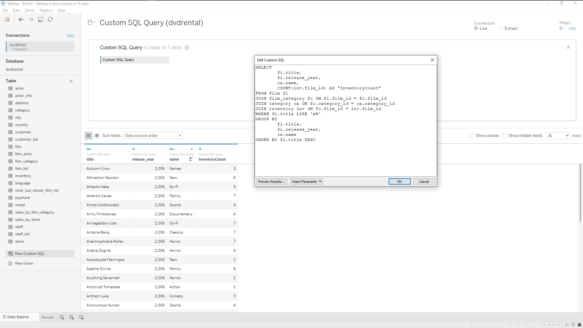 Tableau SQL Query